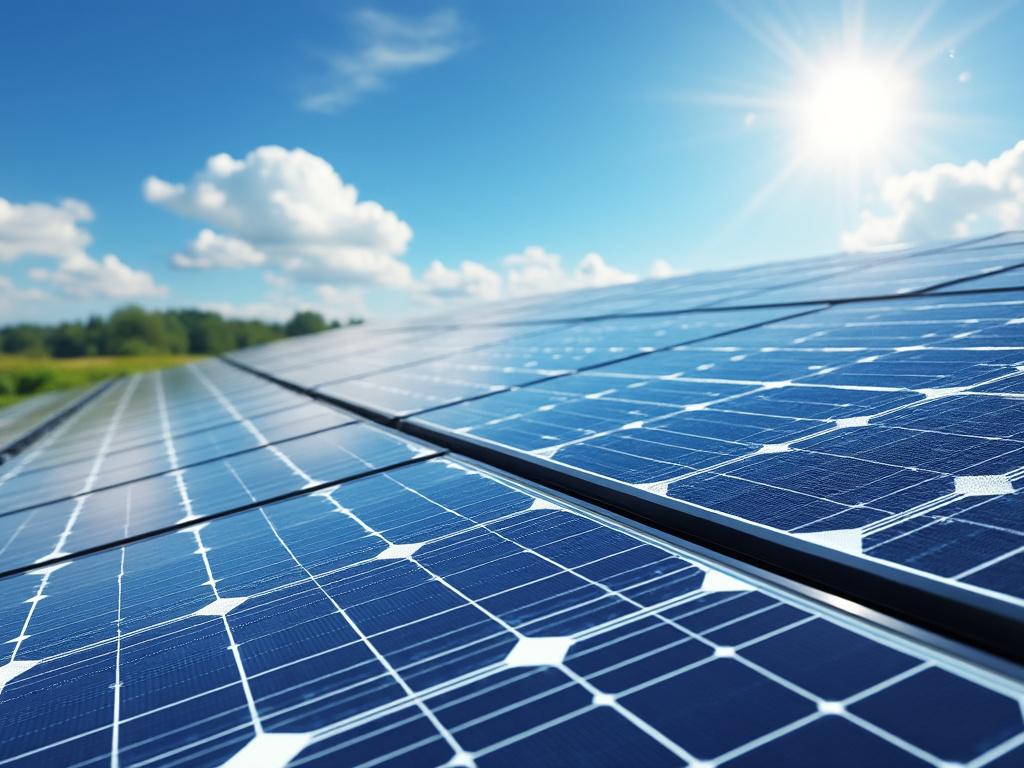 Placas solares brillantes bajo un cielo azul con sol radiante y nubes dispersas en el horizonte.