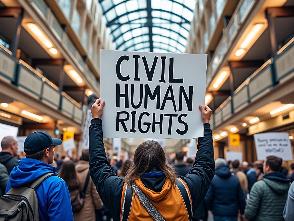 Persona sosteniendo un cartel que dice 'Civil Human Rights' en una manifestación dentro de un edificio amplio.