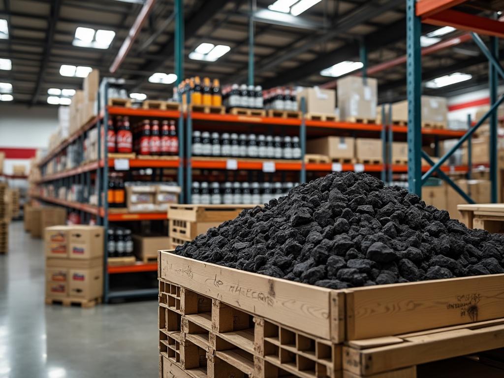 Almacén con cajas de cartón apiladas y carbón negro sobre palet de madera en primer plano.