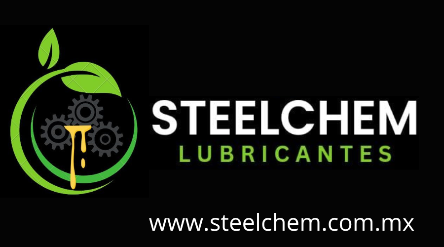 Logotipo de Steelchem Lubricantes con engranajes, aceite y hoja verde sobre fondo negro.