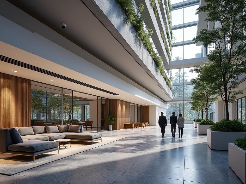 Interior moderno y luminoso de un edificio con jardín vertical, muebles elegantes y tres personas caminando.