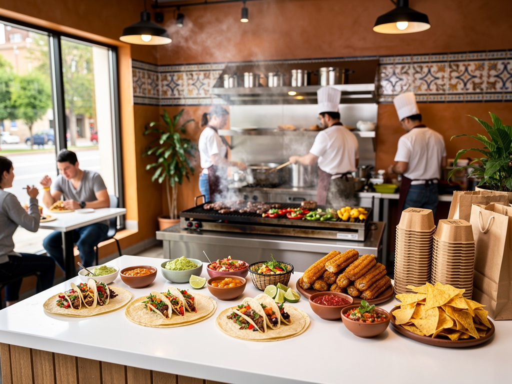 Tacos mexicanos, totopos y elotes en restaurante con chefs cocinando a la parrilla