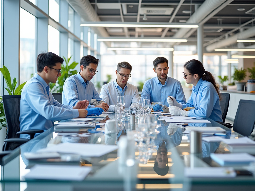 Group of five professionals in blue shirts discussing a project in a modern office with large windows and green plants.