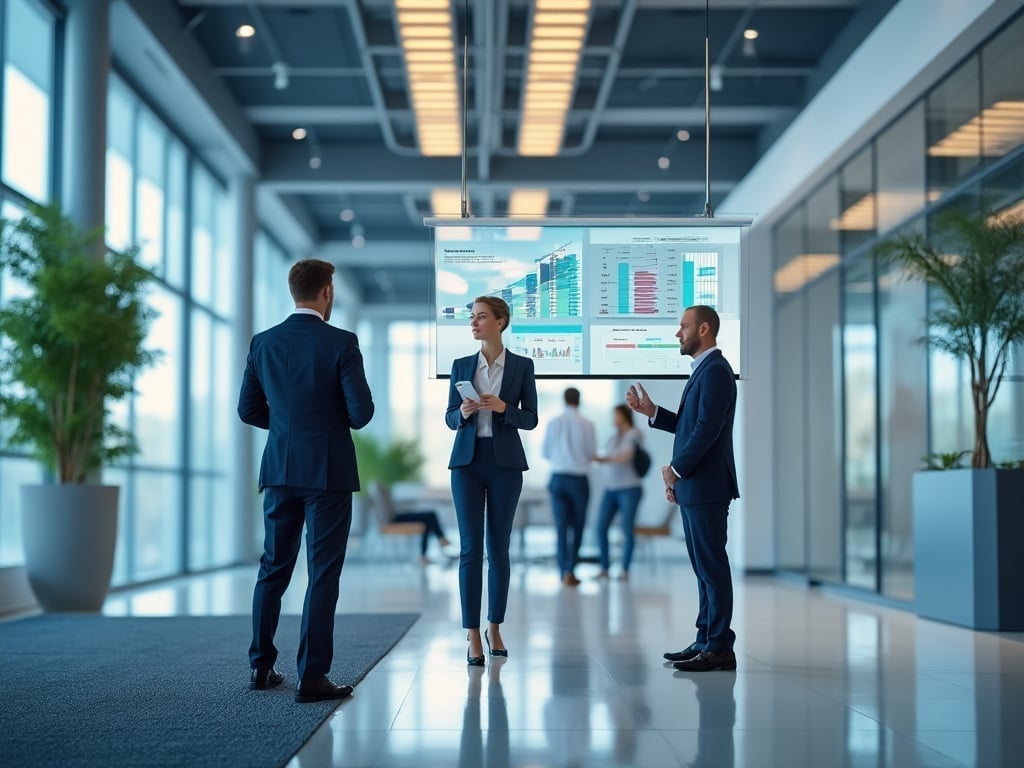 Business professionals discussing charts on a digital screen in a modern office with large windows and plants.