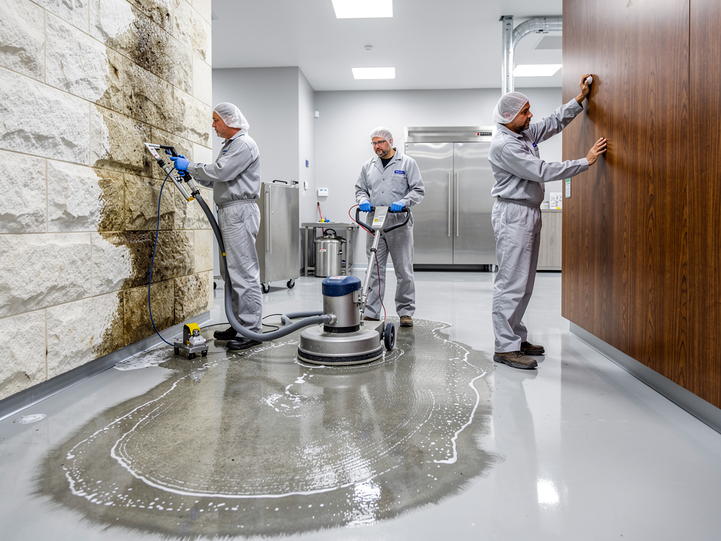Equipo de limpieza industrial desinfectando paredes, suelo y superficies en una instalación comercial moderna