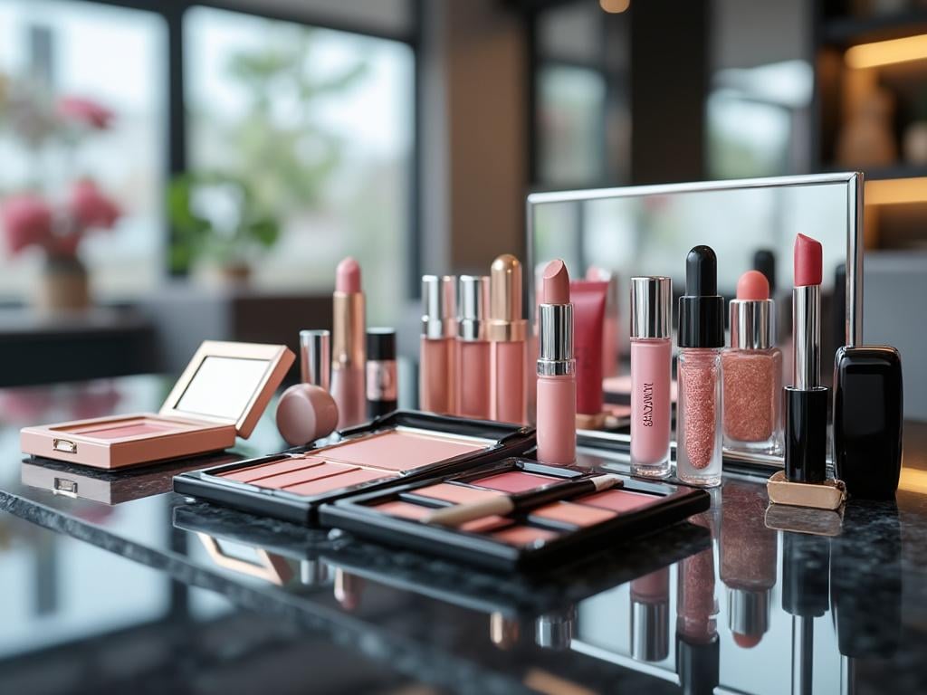 Variedad de cosméticos, incluyendo lápices labiales, sombras de ojos y rubores sobre un mostrador con espejo en un ambiente moderno. Variedad de cosméticos, incluyendo lápices labiales, sombras de ojos y rubores sobre un mostrador con espejo en un ambiente moderno.