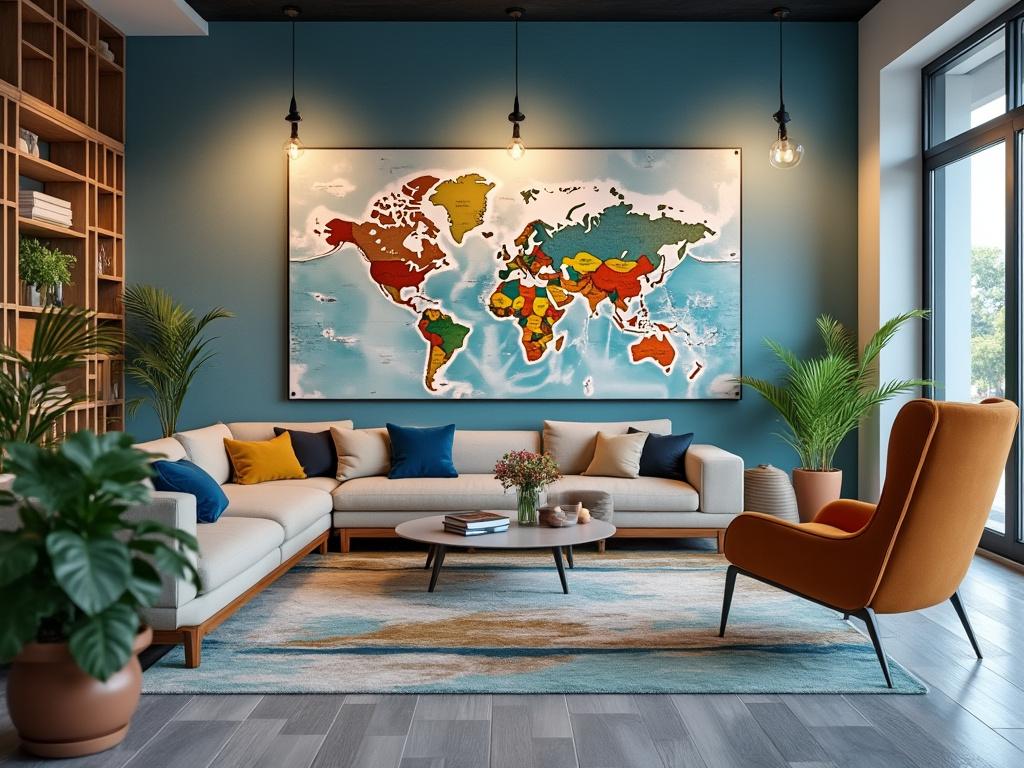 Sala moderna con un sofá blanco, sillón naranja, plantas verdes, mesa de centro redonda, alfombra azul y mapa del mundo colorido en la pared azul.