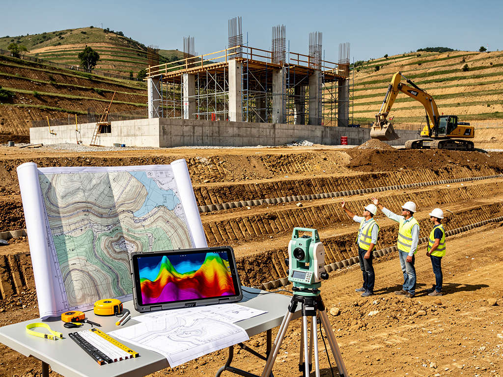 Ingenieros supervisan obra de construcción con excavadora, estación total, planos topográficos y modelo 3D del terreno