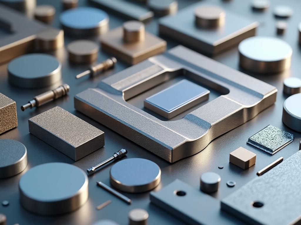 Componentes metálicos industriales sobre una superficie azul, incluyendo placas rectangulares, cilindros y tornillos.