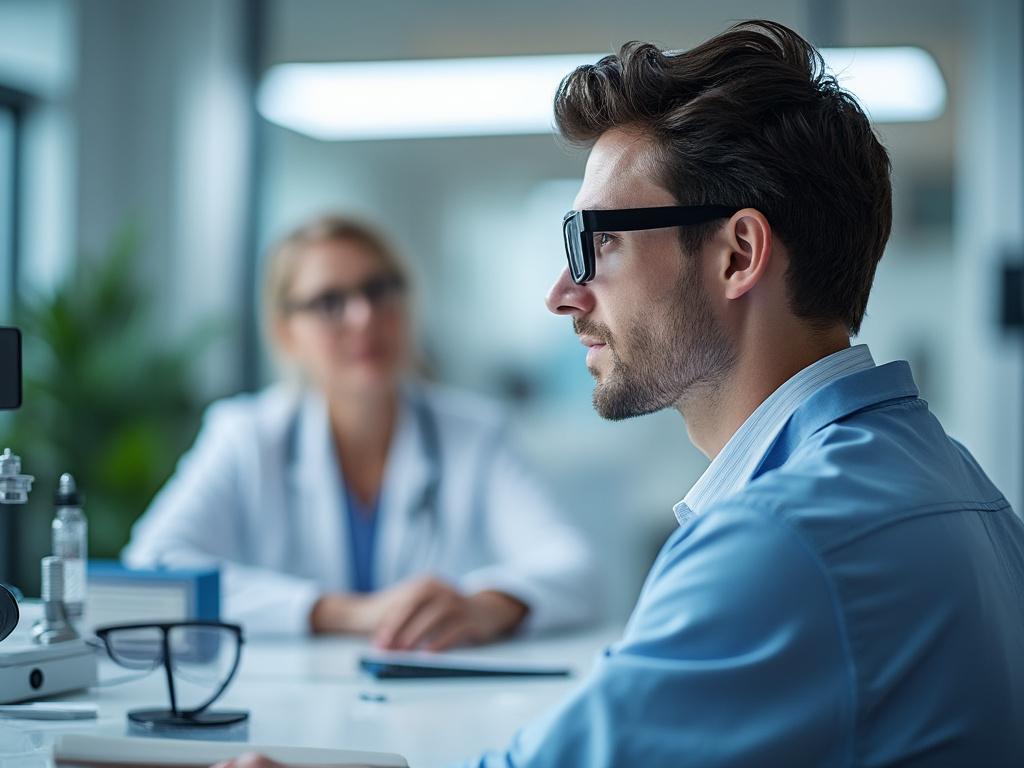 Hombre joven con gafas, sentado en una consulta médica, con doctora de fondo.