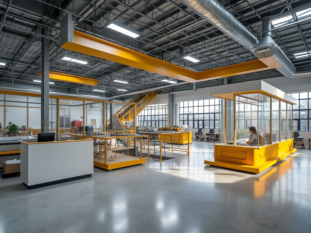 Moderno espacio de oficina con diseño industrial, ventanas amplias, estructura metálica y mobiliario amarillo, persona trabajando en cabina de vidrio. Moderno espacio de oficina con diseño industrial, ventanas amplias, estructura metálica y mobiliario amarillo, persona trabajando en cabina de vidrio.