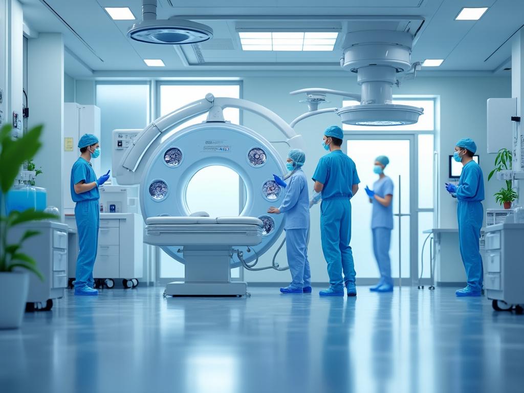 Group of surgeons in a modern operating room with advanced medical equipment.