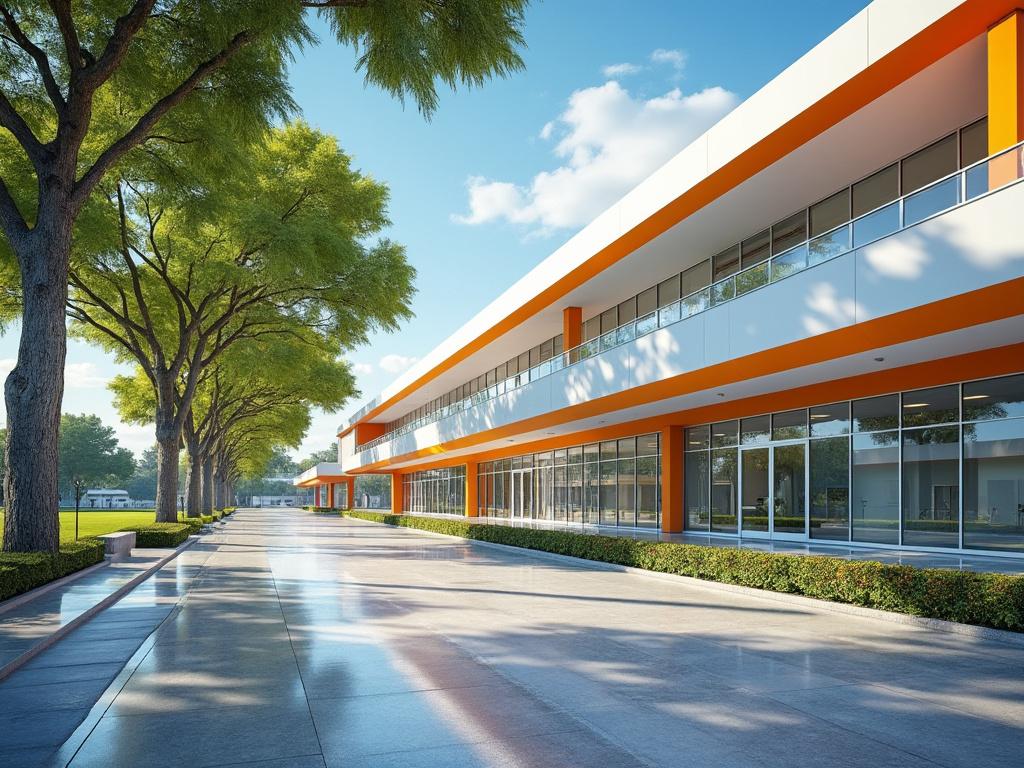 Edificio moderno con fachada blanca y naranja rodeado de árboles y acera amplia bajo cielo despejado.