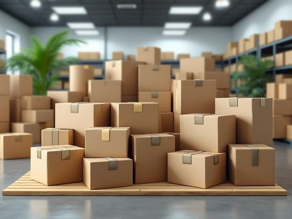 Montón de cajas de cartón sobre un palé en un almacén con estanterías y plantas verdes. Montón de cajas de cartón sobre un palé en un almacén con estanterías y plantas verdes.