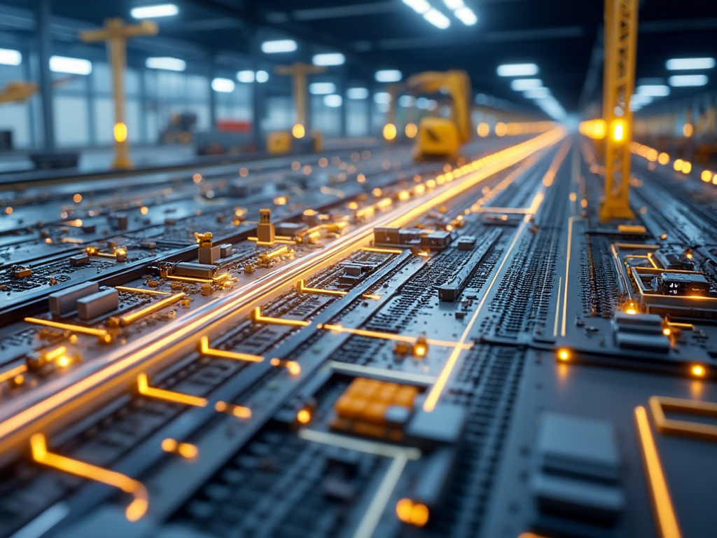 Vista de un circuito electrónico futurista con luces brillantes y estructuras metálicas, simbolizando tecnología avanzada.