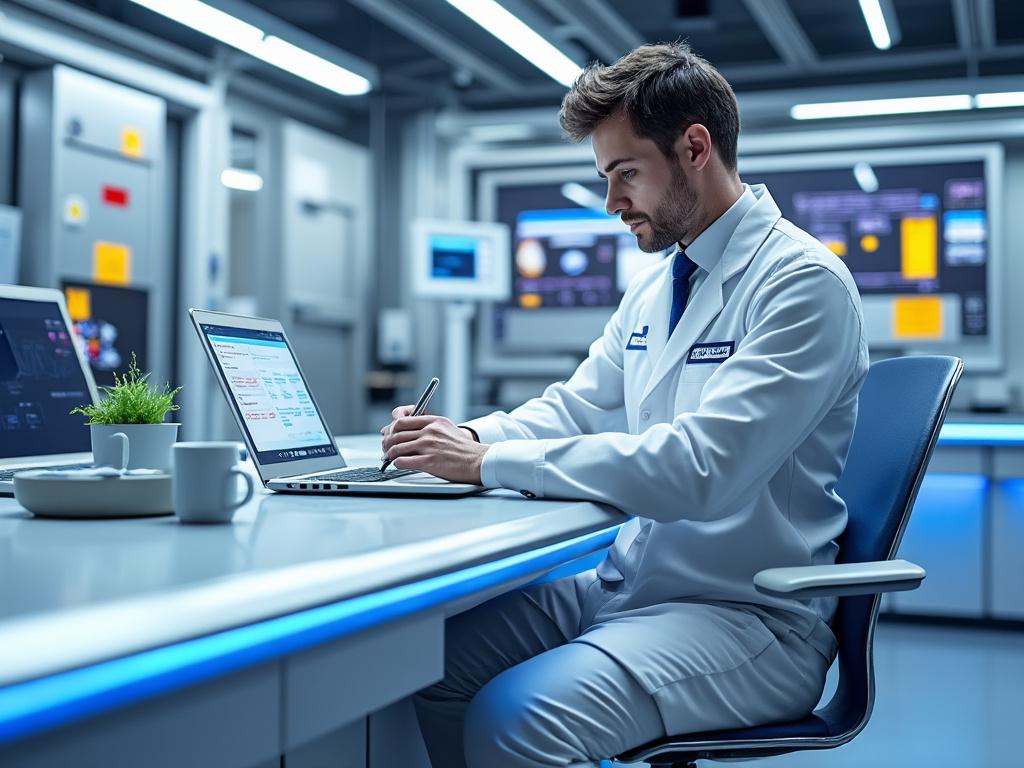 Scientist in a lab coat working on a laptop in a modern laboratory with digital screens.