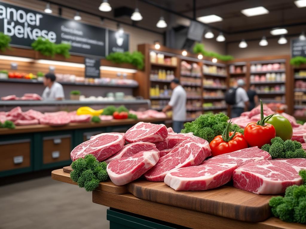 Carnicería moderna con variedad de cortes de carne fresca, tomates y brócoli, en un ambiente iluminado y organizado.