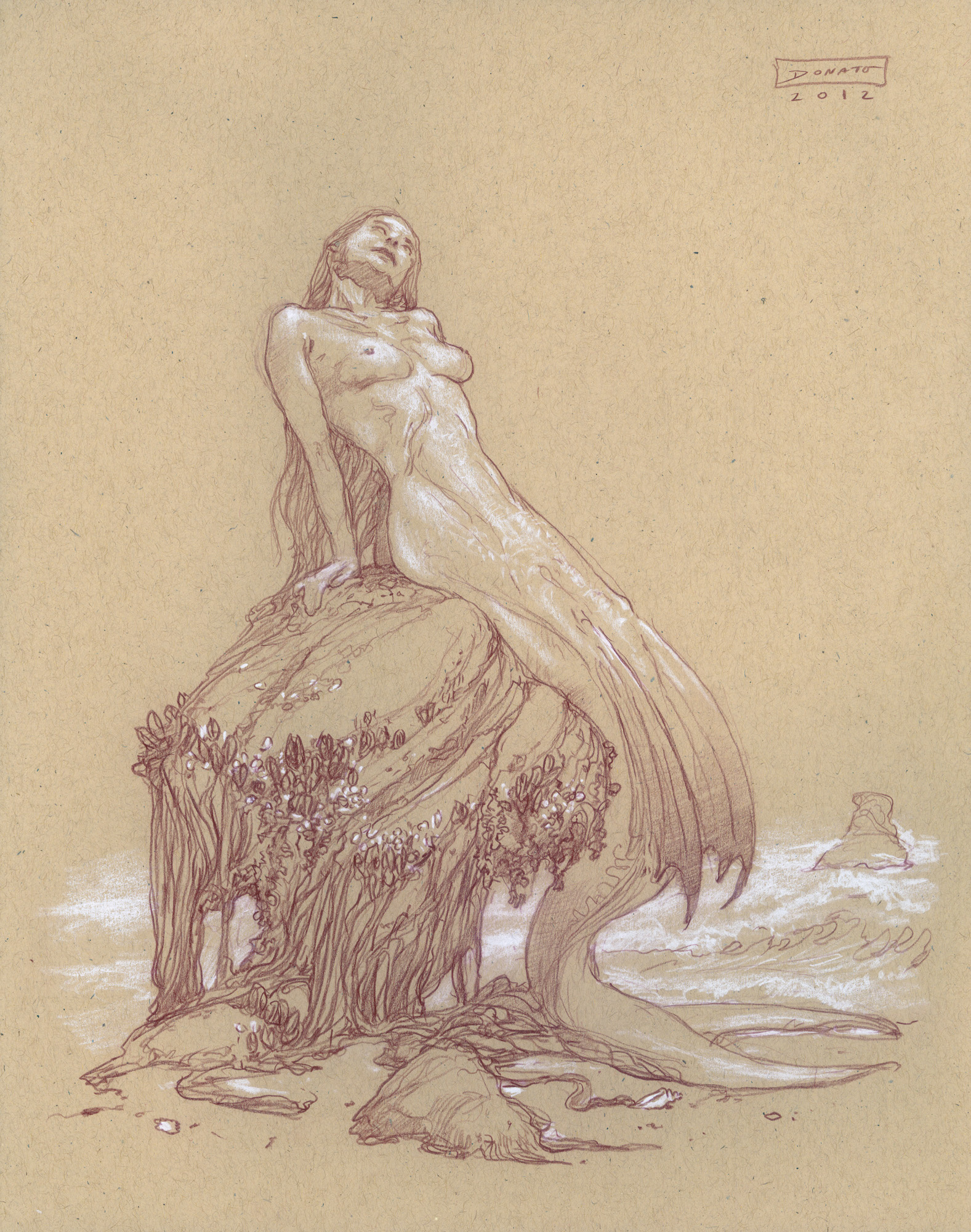 Mermaid - Curiosity14" x 11"  Watercolor Pencil and Chalk on Toned Paper
original art available for purchase