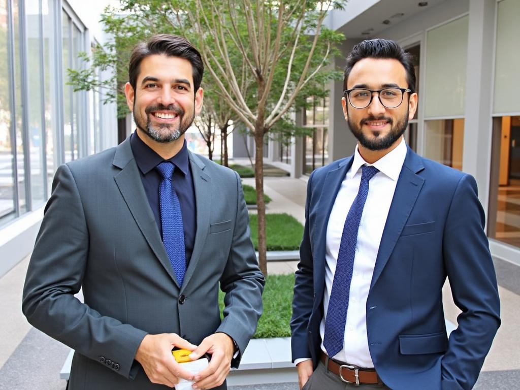 Two businessmen in suits standing in a modern office courtyard with greenery.