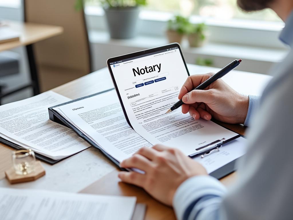 Persona utilizando un dispositivo digital para revisar documentos legales en una oficina moderna con ventanas al fondo.