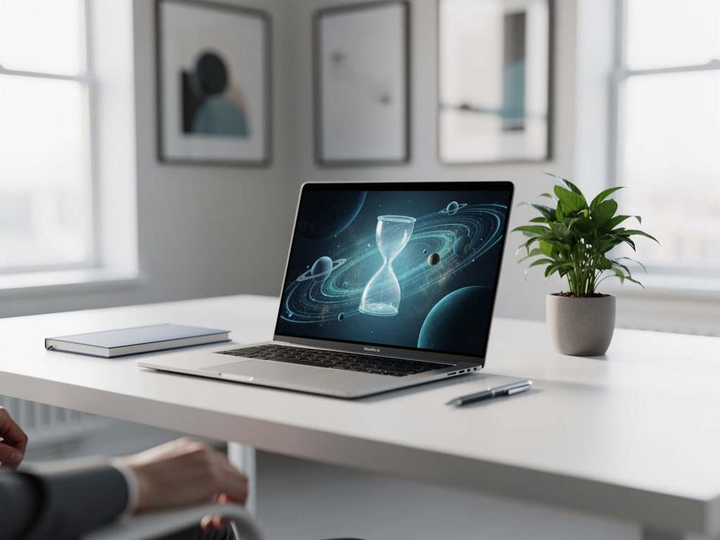 Portátil en escritorio moderno con imagen de reloj de arena espacial, planta, cuaderno y bolígrafo en oficina luminosa