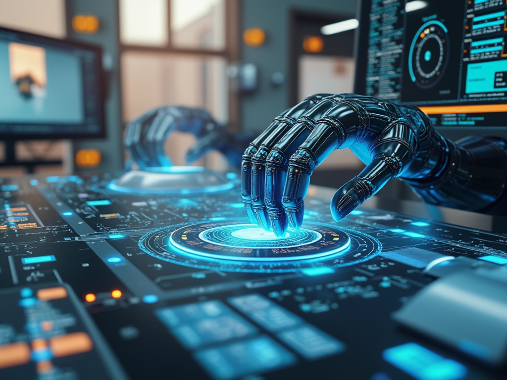 Mano robótica futurista interactuando con interfaz holográfica en laboratorio de inteligencia artificial y tecnología avanzada