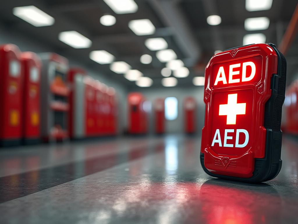 Close-up of a red AED device in a modern hallway with blurred background.