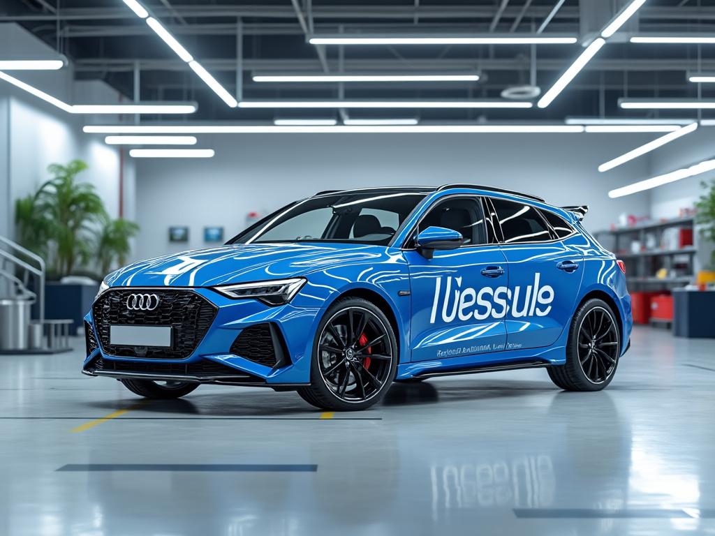 Automóvil Audi azul en un garaje moderno, con logo Iuessule en el costado.