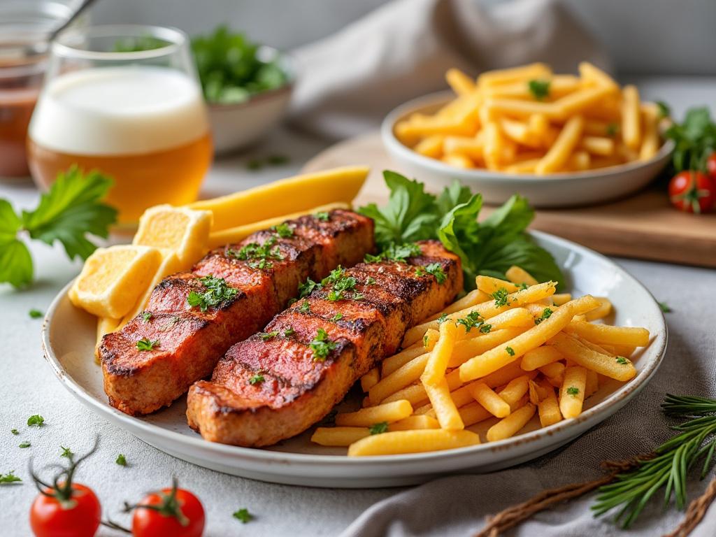 Plato de cerdo asado con papas fritas, limón y perejil en un plato blanco, acompañado de una cerveza y tomates cherry sobre la mesa.