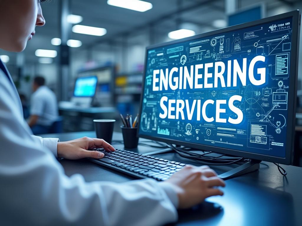 Persona trabajando en una computadora con la pantalla mostrando 'Engineering Services' en un entorno de oficina.