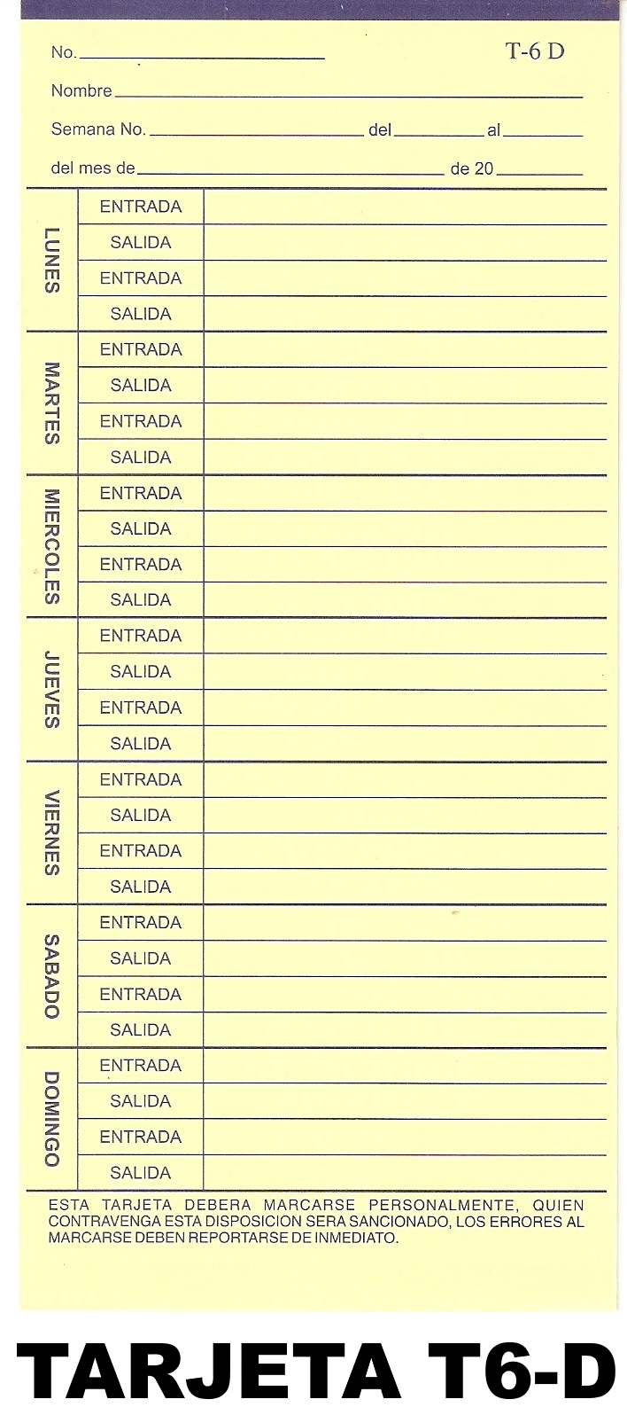 Tarjeta semanal amarilla para relojes de impresión horizontal