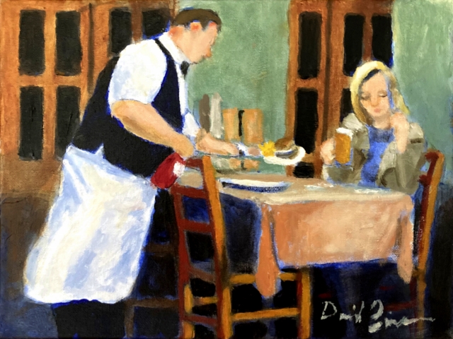 Zimmerman, Burger & a Beer, 9" x 12" Oil