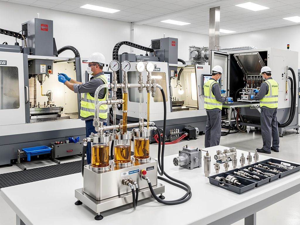 Técnicos en laboratorio industrial operando máquinas CNC y sistema de prueba hidráulica con componentes mecánicos de precisión