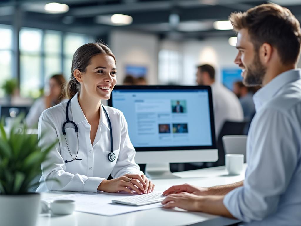 Smiling female doctor with stethoscope consulting a man in a modern office setting.