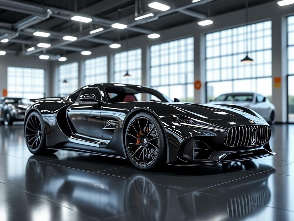 Deportivo negro elegante en un showroom con iluminación moderna y fondo de coches.