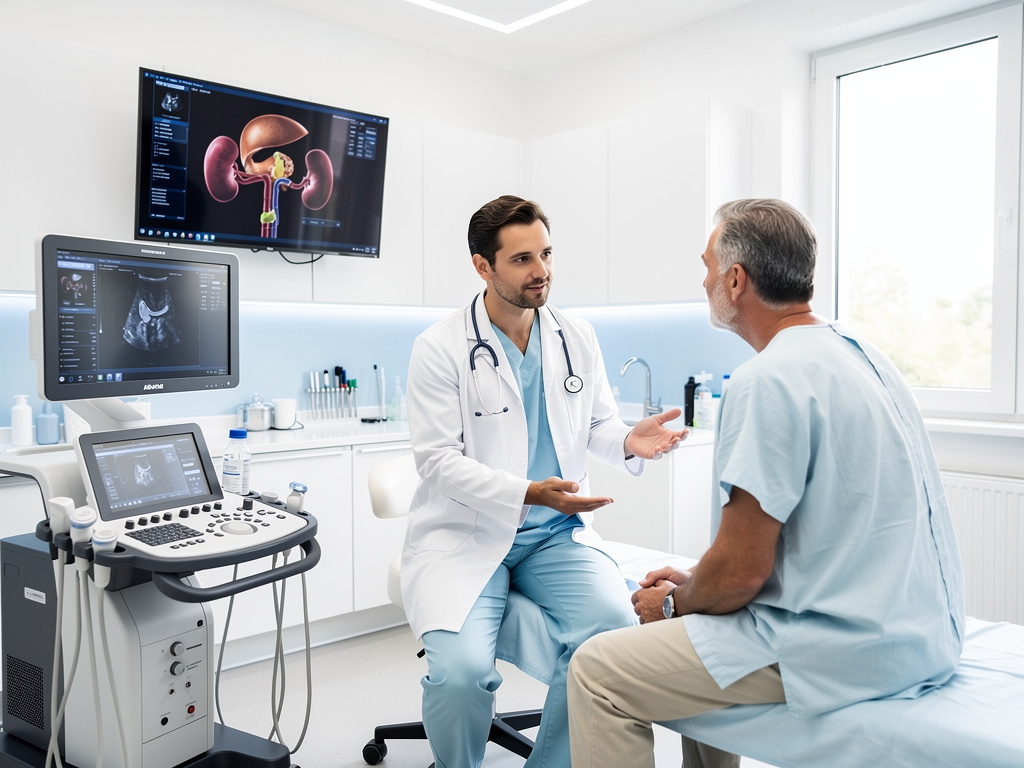 Médico consulta a paciente en clínica moderna con ecógrafo y pantallas mostrando imágenes del sistema urinario Médico consulta a paciente en clínica moderna con ecógrafo y pantallas mostrando imágenes del sistema urinario
