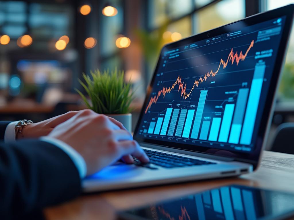 Persona trabajando en una computadora portátil con gráficos financieros y datos en una pantalla, ambiente de oficina moderna.