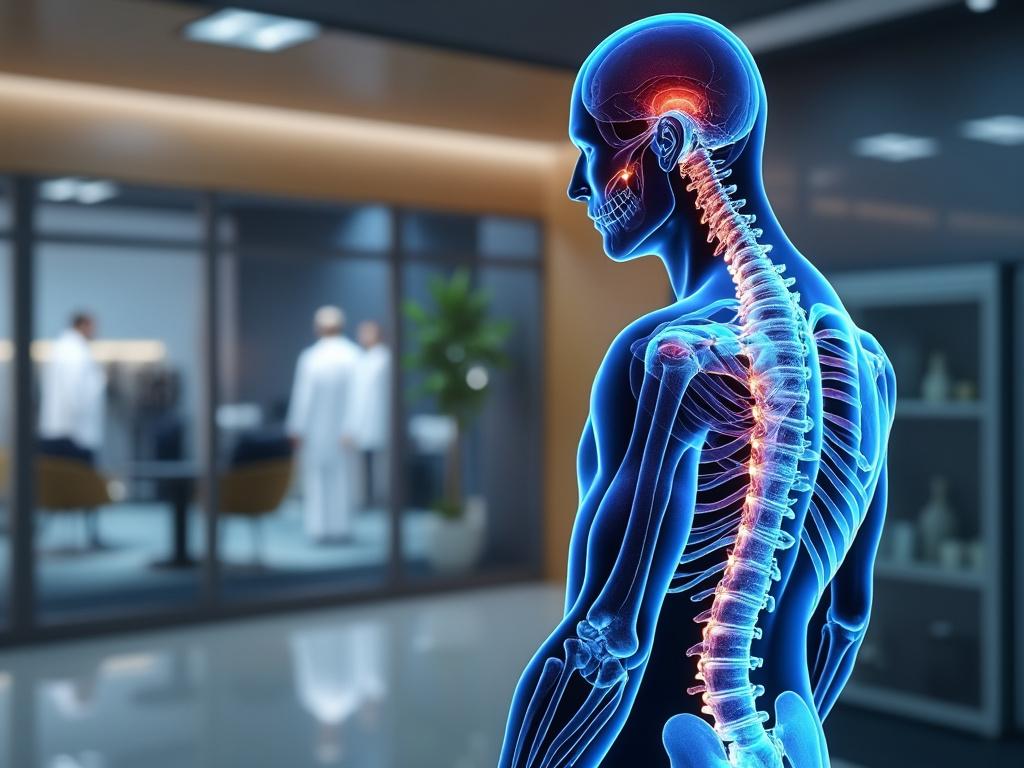 Representación de un cuerpo humano transparente mostrando el cerebro y la columna vertebral, con detalles de nervios y músculos, en un entorno de oficina médica. Representación de un cuerpo humano transparente mostrando el cerebro y la columna vertebral, con detalles de nervios y músculos, en un entorno de oficina médica.
