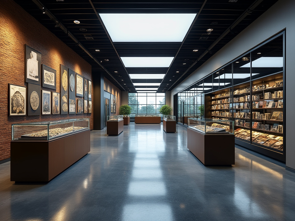 Modern museum gallery with illuminated display cases, artworks on brick walls, and large windows.