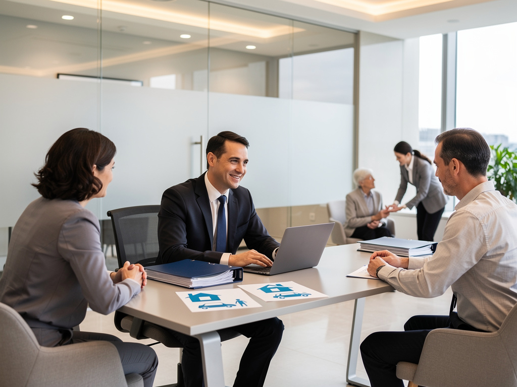 Asesor financiero reunido con clientes en una oficina moderna, revisando documentos y portátil Asesor financiero reunido con clientes en una oficina moderna, revisando documentos y portátil