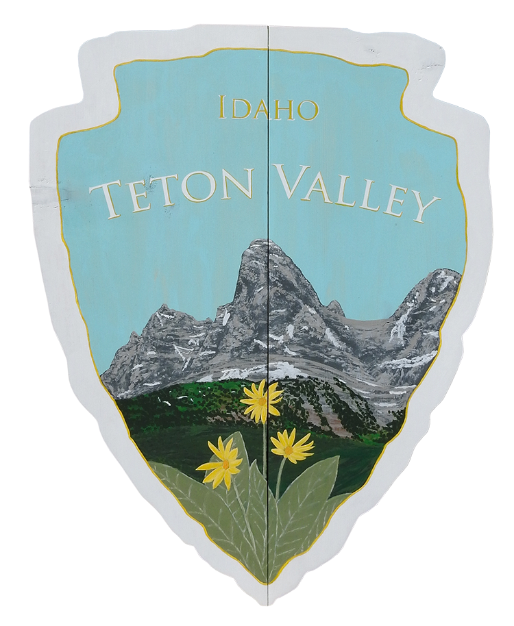 Hand-painted Grand Teton mountains viewed from the Idaho side with Mules Ears flowers in foreground
