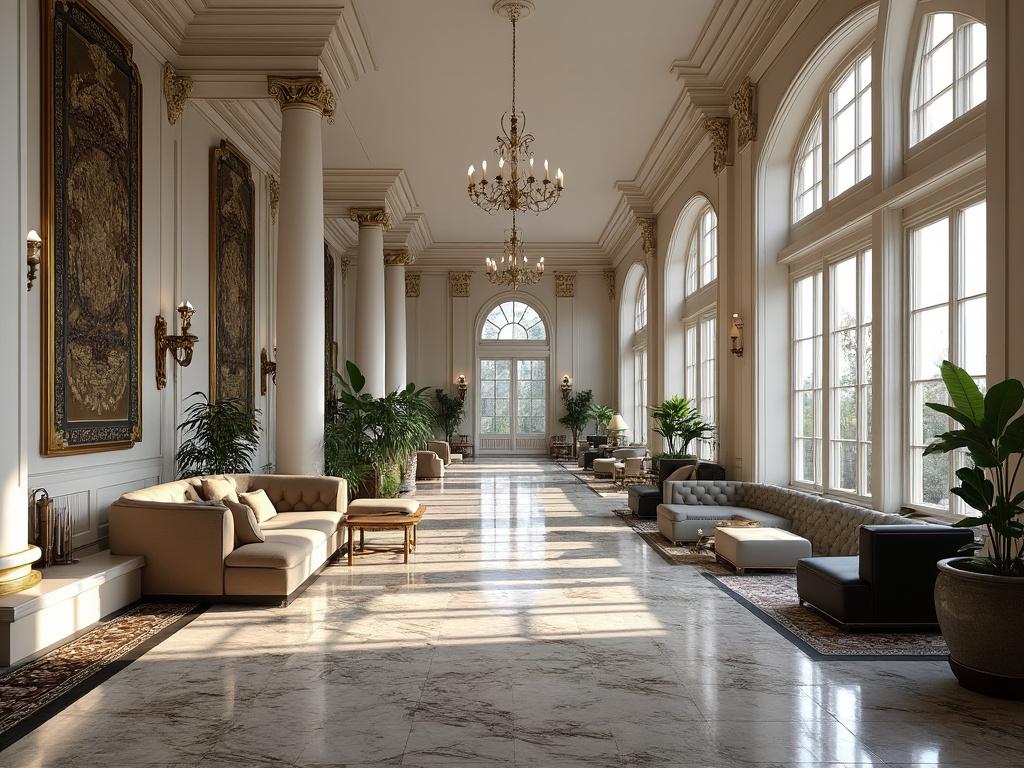 Salón elegante con columnas blancas, sofás de lujo y grandes ventanales, decorado con arañas de luces y plantas.