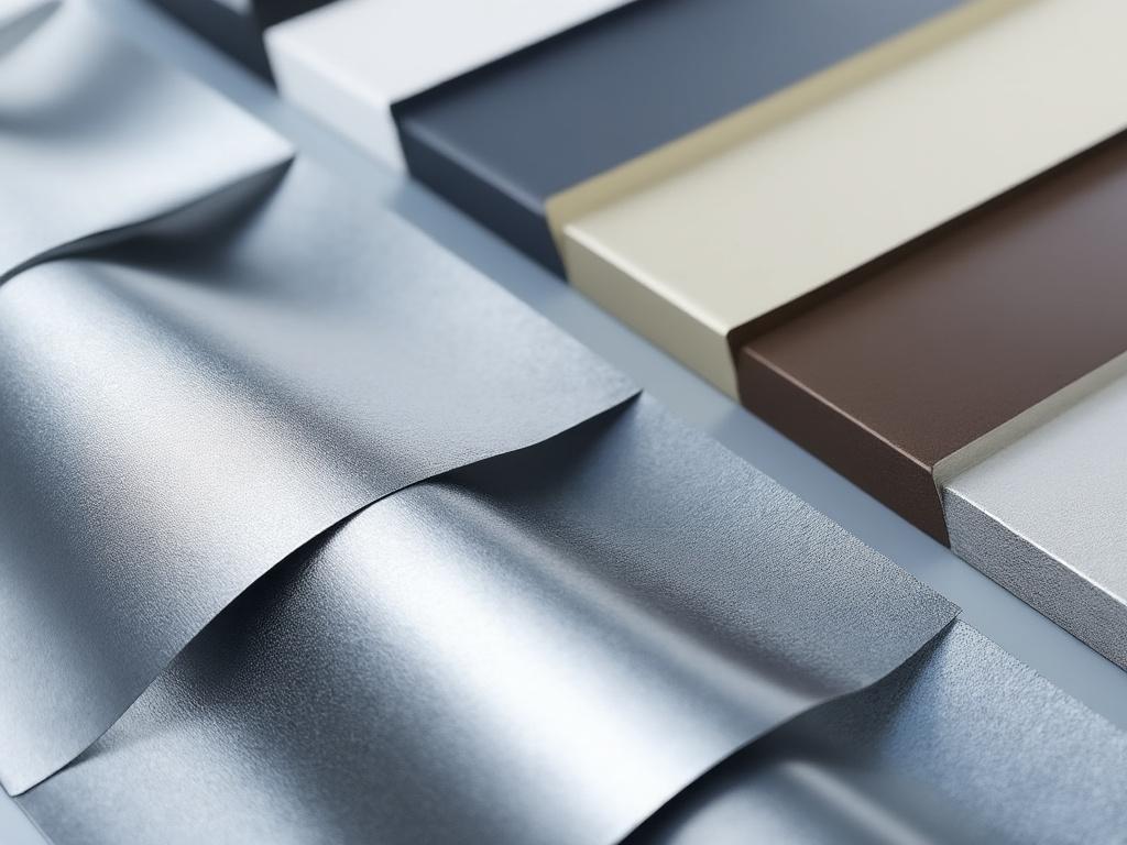 Muestras de superficies metálicas en diferentes texturas y colores para diseño y arquitectura.