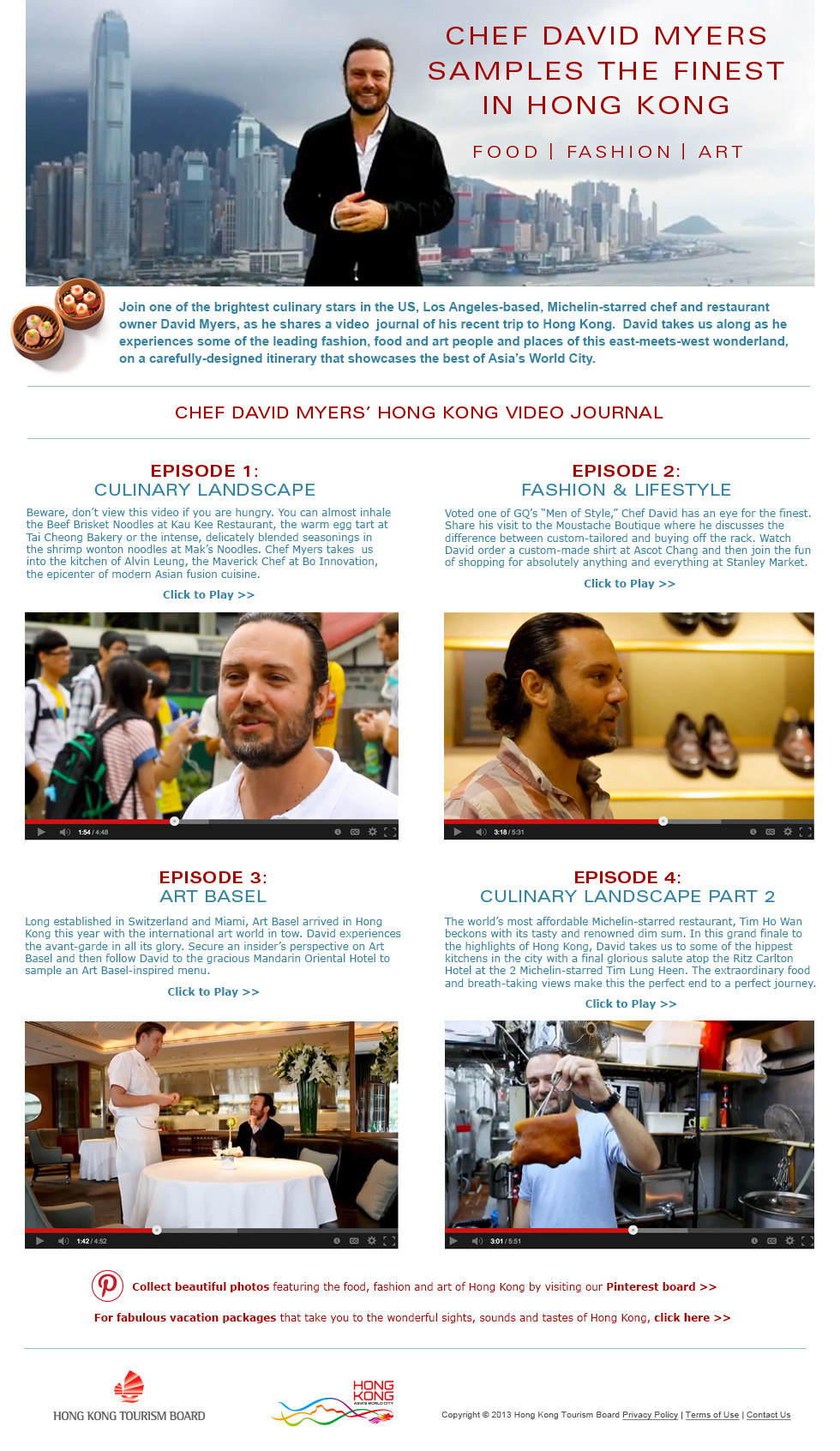 Hong Kong Tourism Board landing page featuring multiple Chef David Myers videos