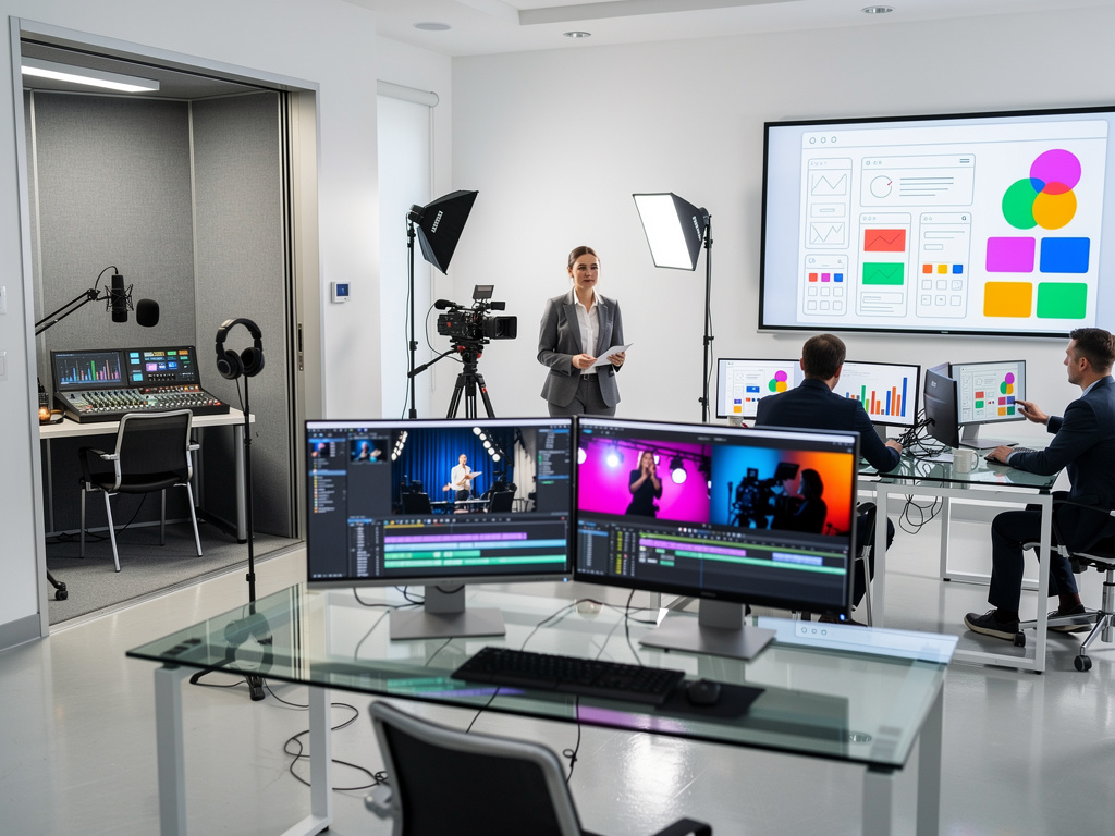 Modern video production studio with presenter, camera, editing monitors, podcast booth, and team reviewing digital design screens
Modern video production studio with presenter, camera, editing monitors, podcast booth, and team reviewing digital design screens