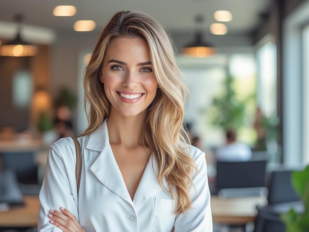 Mujer joven con cabello rubio largo sonriendo en un ambiente de oficina moderna con iluminación cálida y ventanas grandes.
