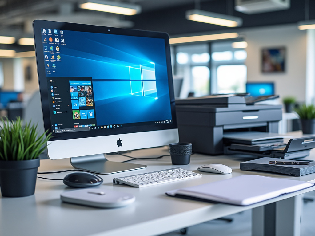 Escritorio moderno con computadora, impresora y plantitas.