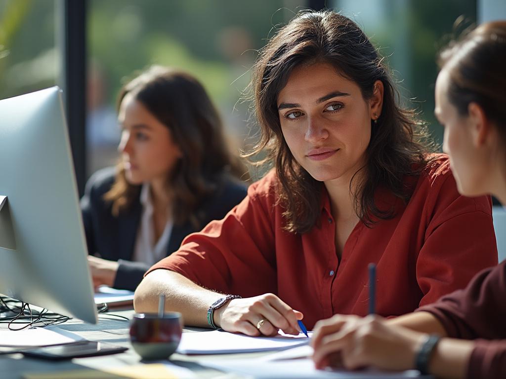 Three women collaborating at an office desk with computer and papers.