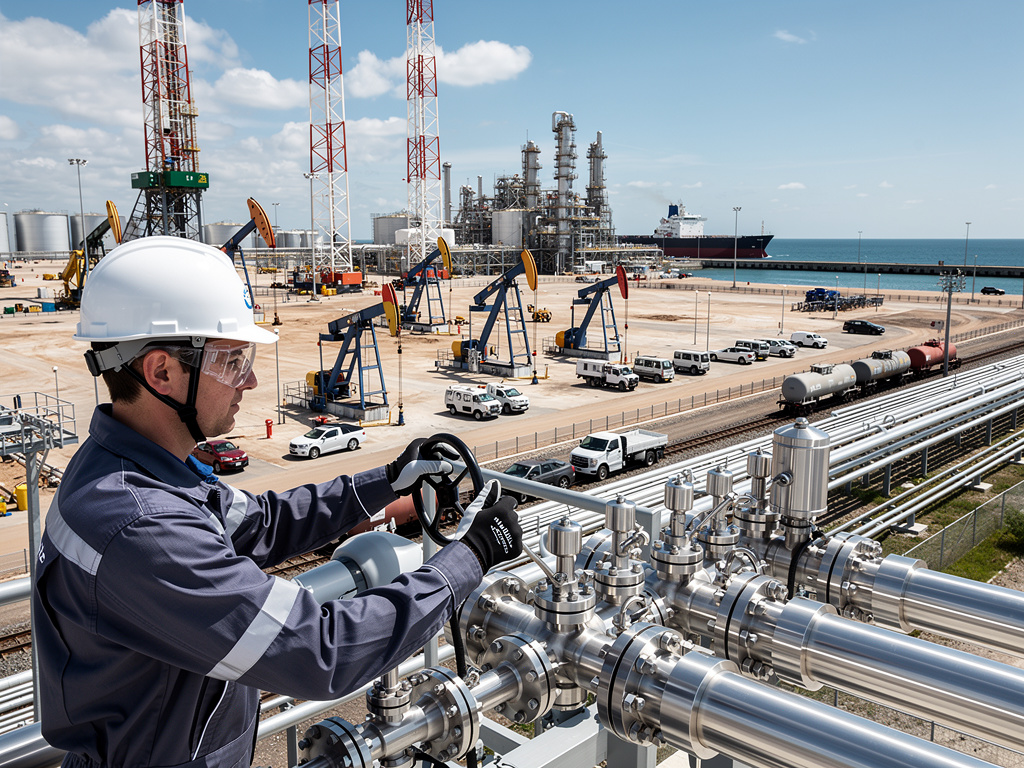 Ingeniero con casco operando válvula en tuberías de refinería de petróleo con bombas extractoras y puerto industrial al fondo Ingeniero con casco operando válvula en tuberías de refinería de petróleo con bombas extractoras y puerto industrial al fondo