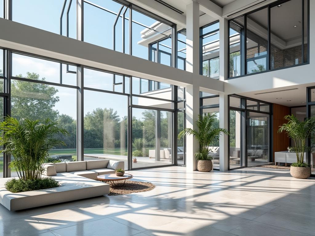 Sala moderna y luminosa con grandes ventanales, plantas verdes y muebles elegantes en un ambiente espacioso con vista al jardín exterior.